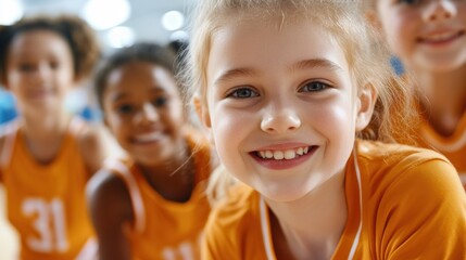 Canvas Print - A group of a bunch of little girls in orange shirts, AI