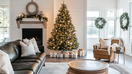 Wall Mural - christmas decoration in a cozy fireplace living room 