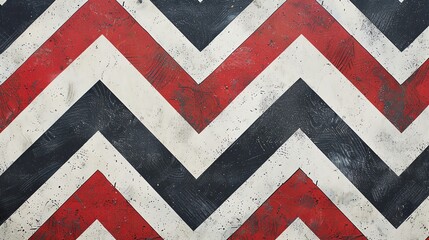 Wall Mural - A close-up of a weathered chevron pattern painted in red, white, and black.