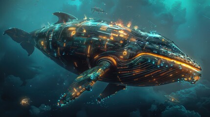 Wall Mural - Futuristic whale gliding through deep water, showcasing intricate technology and vivid colors in a mesmerizing underwater scene.