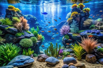 Vibrant blue aquarium backdrop featuring natural river rock, swaying seaweed, and subtle oceanic patterns, perfect for creating a realistic underwater environment.