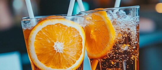 Two glasses of iced orange drink with straws, the orange slices are visible in the drink.