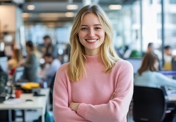 Sticker - Portrait of a smiling blonde woman wearing a pink sweater, standing in a busy modern office with her arms crossed.