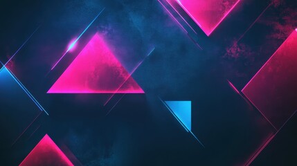 Poster - Abstract neon-lit geometric shapes on a dark background, featuring vibrant pink and blue triangles with a futuristic design.