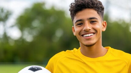 Canvas Print - A young man in yellow shirt holding a soccer ball, AI