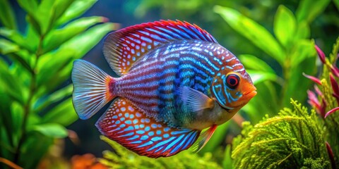 Vibrant discus fish, with iridescent blue and red scales, swim amidst lush green aquatic plants in a serene, crystal-clear freshwater aquarium environment.