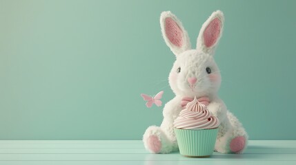 Wall Mural - A white bunny holding a cupcake in front of a teal wall.