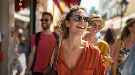 Joyful tourists exploring streets on a bright summer day with laughter and smiles