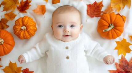 Sticker - A baby is surrounded by pumpkins and leaves on a blanket, AI