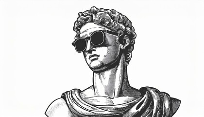 Classical Statue with a Modern Twist: Sunglasses Meet Ancient Art in a Stylish Engraving