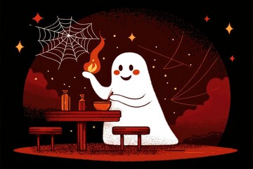 Friendly Ghost Enjoying a Meal Under a Starry Sky