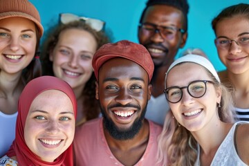 Group of friends smiling in a close-up portrait against a blue background