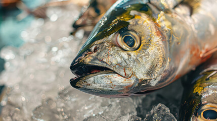 Fresh tuna fish on ice at market display closeup shot for seafood industry