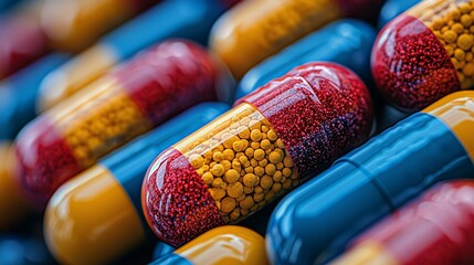 Brightly colored capsules in a close-up arrangement highlighting various shapes and textures in a medical or pharmaceutical context