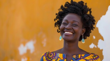 Wall Mural - A woman with dark skin and curly hair smiles brightly.