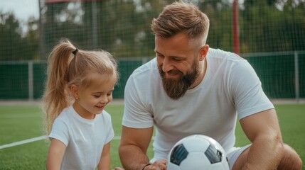 Poster - A man and a little girl playing with soccer balls on the field, AI