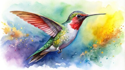 Vibrant Watercolor Painting Depicts A Delicate Hummingbird Hovering Gracefully With Outstretched Wings.