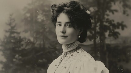 Wall Mural - A black and white portrait of a woman with her hair styled in a bun.