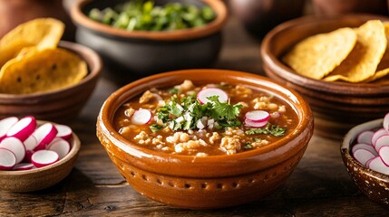 Wall Mural - A cozy kitchen setting with bowls of pozole, surrounded by small bowls of radishes, oregano, and tostadas, with a rustic brick wall and pottery in the background