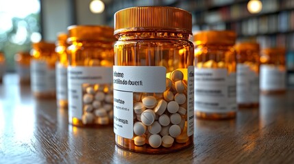 Orange prescription bottles filled with white tablets arranged on a wooden table in a pharmacy