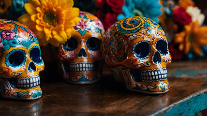 Colorful decorative skulls displayed on a wooden surface with vibrant flowers during a cultural celebration