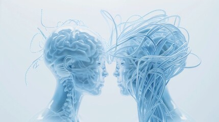 Abstract representation of two human heads merging, with intricate tube like structures representing thoughts and connections