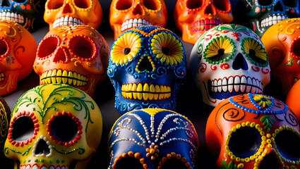 Vibrant decorative sugar skulls displayed in a festive arrangement for a traditional cultural celebration during autumn