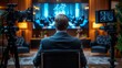 © Рудой Максим - A man prepares for a live presentation in a well-lit conference room with multiple cameras recording the event