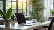 © GMeta - Modern workfromhome setup with laptop coffee cup and vibrant houseplants on sleek desk Professional highresolution image for remote work concepts