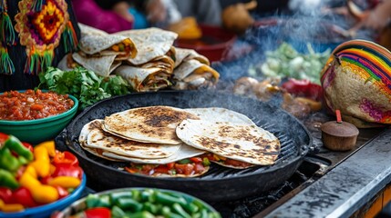 A vibrant street food scene with quesadillas cooking on a grill, surrounded by bowls of salsa, fresh vegetables, and bright Mexican accessories like maracas and sombreros