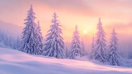 Wall Mural - Snowy Forest at Sunset