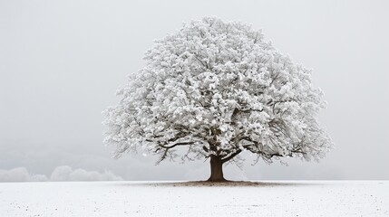 Wall Mural - A lone tree covered in snow stands in a field during a foggy winter day.