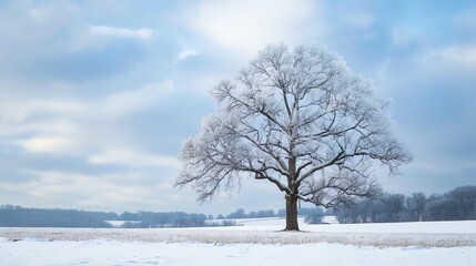 Wall Mural - A single, snow-covered tree stands in a field with a cloudy sky in the background.