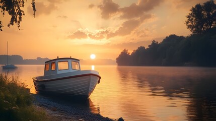 Wall Mural - Serene sunset river scene with boat at dock picture