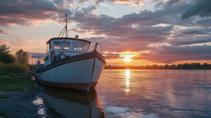 Wall Mural - Sunset over river with boat docked at shore picture