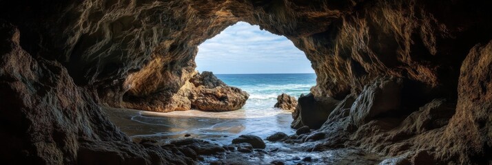 Breathtaking Cave View Overlooking the Serene Ocean and Stunning Island Formations