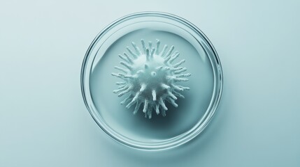 High-angle view of a single 3D model of the monkeypox virus in a petri dish on a blue background. Represents viral study and infection.