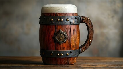 Wall Mural - a wooden mug with a handle and a foamy beer. 