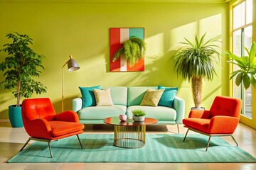 Wall Mural - Boucle lounge chairs and sofa in classic room. Minimalist interior design of modern living room