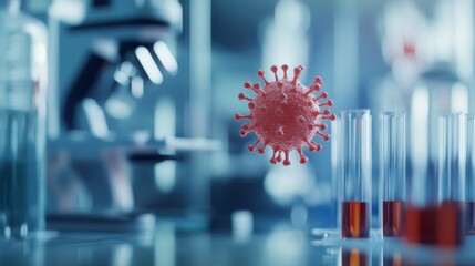 Red-colored virus particle hovering in front of lab equipment. Focus on viral research and outbreak prevention.