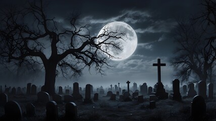 Graveyard of horror with a ghastly zombie in the dead of night under a haunted moon