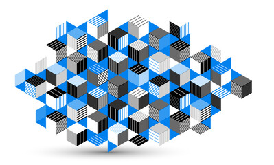 Wall Mural - Blue vector abstract geometric background with cubes and different rhythmic shapes, isometric 3D abstraction art displaying city buildings forms look like, op art.