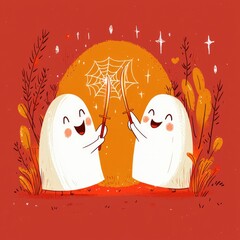 Sticker - Happy Halloween Ghosts with Swords and Spiderweb