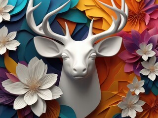 Wall Mural - 3d art wallpaper abstract of white floral deer decor, colorful deer and white background.