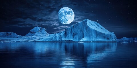 a stunning view of a blue iceberg illuminated by a bright moon against a serene night sky, reflectin