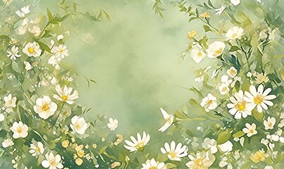 Wall Mural - A fresh, elegant, and vibrant design featuring delicate white flowers, leaves, and vines painted in watercolor on a green background, with intricate pink and yellow floral details