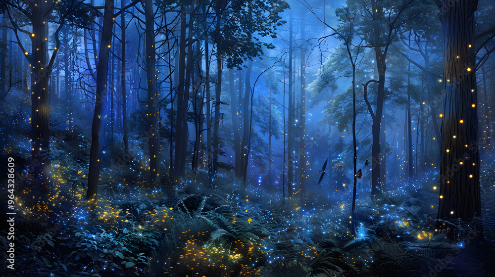Bioluminescent forest at night and trees functioning as organic ...