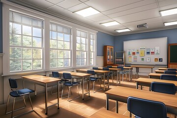 Empty Classroom with Desks and Windows