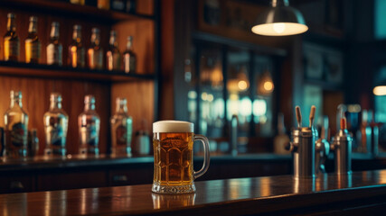 Draft beer in a beer glass on a bar counter. Oktoberfest