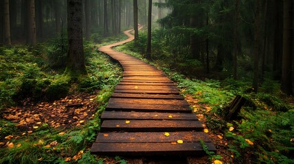 Wall Mural - Wooden Path Through Misty Forest